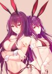  animal_ears armlet bangs bare_shoulders bikini breasts bunny_ears cleavage commentary_request crossed_arms detached_collar fake_animal_ears fate/grand_order fate_(series) fingernails halterneck highres large_breasts long_hair looking_at_viewer medium_breasts multiple_girls navel parted_lips pink_background purple_hair red_eyes scathach_(fate)_(all) scathach_(fate/grand_order) scathach_skadi_(fate/grand_order) shiny shiny_hair shiny_skin side-tie_bikini sideboob simple_background swimsuit wrist_cuffs xion32 