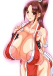  1girl areola_slip areolae blush breasts brown_eyes brown_hair cleavage huge_breasts king_of_fighters long_hair looking_at_viewer matching_hair/eyes natsuru_(anglachel) parted_lips ponytail shiranui_mai smile solo standing 