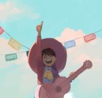 acoustic_guitar black_hair blue_sky bow charro coco_(disney) dark_skin day disney guitar hat instrument jacket male_focus mariachi miguel_rivera music playing_instrument short_hair sky smile solo sombrero spoilers 