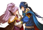  1girl absurdres armor black_cape blue_cape blue_hair blush breasts cape celice_(fire_emblem) cleavage couple dress elbow_gloves fire_emblem fire_emblem:_seisen_no_keifu fire_emblem:_thracia_776 fire_emblem_heroes gloves gzei headband hetero highres ishtar_(fire_emblem) large_breasts lips long_hair pauldrons ponytail purple_dress purple_hair shoulder_pads side_ponytail sidelocks simple_background smile tears white_background white_gloves 