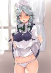  asuzemu blue_dress blue_eyes blush bow braid breasts commentary cowboy_shot curtains dress dress_lift green_bow green_neckwear green_ribbon groin hair_bow indoors izayoi_sakuya lifted_by_self looking_at_viewer maid maid_headdress medium_breasts neck_ribbon open_mouth panties petticoat puffy_short_sleeves puffy_sleeves ribbon shirt short_sleeves silver_hair solo standing touhou twin_braids underwear white_panties white_shirt window wing_collar 