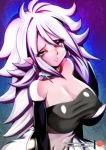  android_21 blue_eyes blush breasts cleavage covered_nipples cowboy_shot dragon_ball dragon_ball_fighterz earrings elbow_gloves full-face_blush gloves heart heart-shaped_pupils jewelry large_breasts long_hair looking_at_viewer majin_android_21 mitgard navel patreon_logo patreon_username pink_skin pointy_ears shirt sidelocks solo symbol-shaped_pupils 