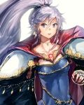  anonamos blue_dress breasts cape cleavage collarbone commentary_request cross cross_necklace dress earrings fingerless_gloves fire_emblem fire_emblem:_seisen_no_keifu fire_emblem_heroes gem gloves high_ponytail ishtar_(fire_emblem) jewelry medium_breasts necklace ponytail purple_eyes purple_hair upper_body 