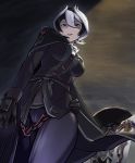  black_eyes black_hair breasts cape chain from_below gloves hair_between_eyes hand_on_hip highres large_breasts looking_at_viewer made_in_abyss mikiji multicolored_hair ozen short_hair smirk solo thighs whistle white_hair 