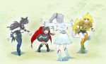  blake_belladonna blonde_hair bow cape fang gradient_hair hair_bow iesupa jurassic_world long_hair meme multicolored_hair multiple_girls open_mouth outstretched_arms pantyhose parody ponytail prattkeeping purple_eyes red_cape red_hair ruby_rose rwby short_hair side_ponytail silver_eyes simple_background skirt thighhighs two-tone_hair weiss_schnee white_hair yang_xiao_long yellow_eyes 