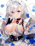  absurdres apron azur_lane bangs belfast_(azur_lane) blue_eyes blush braid breasts chain cleavage collar collarbone commentary_request corset eyebrows_visible_through_hair falling_petals french_braid frilled_apron frilled_gloves frills gloves hand_on_own_cheek highres large_breasts maid maid_apron maid_headdress petals pomu_(pomu_me) silver_hair smile white_apron white_gloves 