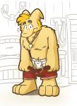  anthro barefoot blonde_hair briefs bulge clothed clothing cousindave dressing hair jet_(goronic) jewelry male mammal necklace pants red_pants solo tighty_whities topless underwear white_underwear 