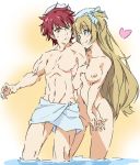  1girl ass_visible_through_thighs blonde_hair blue_eyes blue_towel blush bow breasts eye_contact grabbing_another's_hand hair_bow hair_ribbon hetero liz_hohenstein long_hair looking_at_another mixed_bathing muvluv muvluv_alternative naked_towel nipples nude onsen ribbon schwarzesmarken theodor_edelbach towel towel_around_waist towel_on_head two_side_up umanosuke wading 
