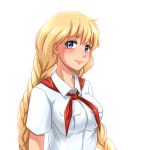  blonde_hair blue_eyes braid commentary english_commentary everlasting_summer eyebrows_visible_through_hair huyase long_hair looking_at_viewer shirt simple_background slavya-chan smile solo twin_braids upper_body white_background white_shirt 