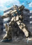  blue_sky building city cloud commentary_request damaged debris glowing gundam gundam_08th_ms_team gundam_ez8 motion_blur no_humans red_eyes rubble science_fiction sky skyscraper wa-kun 