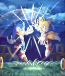  blue_eyes fox gloves green_eyes hedgehog jewelry jumping light_particles light_rays male_focus motion_lines multiple_boys multiple_tails night night_sky red_footwear rento_(rukeai) ring sideways_mouth sky smile sonic sonic_the_hedgehog tail tails_(sonic) white_gloves 