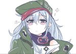  bangs blush_stickers brown_eyes commentary eyebrows_visible_through_hair flat_cap g11_(girls_frontline) girls_frontline green_hat green_jacket hair_between_eyes hat jacket long_hair looking_at_viewer open_clothes open_jacket pebblejang purple_scarf scarf silver_hair simple_background solo strap_slip tank_top white_background white_tank_top 