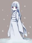  :o bangs blue_kimono brown_background eyebrows_visible_through_hair hair_between_eyes highres japanese_clothes kai_himo kimono long_hair long_sleeves looking_at_viewer obi original pale_skin parted_lips red_eyes sash silver_hair sketch sleeves_past_fingers sleeves_past_wrists snow snow_on_head snowing solo wide_sleeves yuki_onna 
