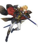  aless_(fire_emblem) angry attack bared_teeth black_cape black_capelet black_coat black_footwear blonde_hair boots cape capelet coat collar commentary cravat fire_emblem fire_emblem:_seisen_no_keifu fire_emblem_heroes full_body highres holding holding_sword holding_weapon lips looking_to_the_side male_focus medium_hair mystletainn official_art p-nekor pants scowl serious sheath shoulder_pads sidelocks solo sword teeth transparent_background weapon white_pants yellow_eyes 