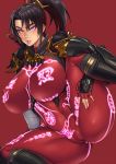  ass black_hair bodysuit bracer breasts cameltoe clenched_teeth covered_nipples large_breasts looking_at_viewer mikoyan ponytail purple_eyes red_background simple_background solo soulcalibur taki_(soulcalibur) teeth 