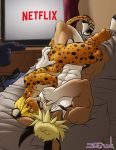  anthro bed blonde_hair cervine cheetah duo embrace feline hair hand_on_butt horn lying male male/male mammal muscular muscular_male netflix nude on_back saruuk smile 