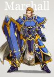 armor blonde_hair blue_eyes cape english fire_emblem fire_emblem:_akatsuki_no_megami fire_emblem:_souen_no_kiseki full_body gatrie gauntlets greaves grey_background gzei holding holding_shield male_focus pauldrons shield simple_background smile solo spiked_hair 
