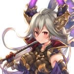  armpits axe bangs bare_shoulders black_gloves blush breasts closed_mouth commentary curled_horns detached_sleeves draph fur-trimmed_gloves fur_trim gloves granblue_fantasy hair_between_eyes holding holding_axe holding_weapon horns large_breasts long_hair long_sleeves looking_at_viewer narusegawa_riko over_shoulder red_eyes silver_hair simple_background sleeveless smile solo thalatha_(granblue_fantasy) very_long_hair weapon weapon_over_shoulder white_background 