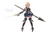  :o absurdres armor black_gloves blonde_hair blue_skirt boots bow breasts brown_eyes dual_wielding fantasy full_body gauntlets gloves highres holding katana looking_at_viewer original polearm red_bow short_hair skirt small_breasts solo spear standing sword thighhighs weapon yashiron2011 