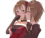  akii bare_shoulders black_gloves blush breasts brown_eyes brown_hair choker commentary_request elbow_gloves flower gloves groping hair_flower hair_ornament hand_to_own_mouth idolmaster idolmaster_cinderella_girls kimura_natsuki masque:rade multiple_girls short_hair small_breasts sweat tada_riina upper_body white_background yuri 