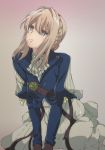  bangs blonde_hair blue_eyes brown_gloves crying crying_with_eyes_open dress eyebrows_visible_through_hair gloves grey_background grey_dress grey_neckwear hair_between_eyes head_tilt kneeling long_dress long_hair rikku04 solo tears violet_evergarden violet_evergarden_(character) 