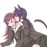  2girls animal_ears blush braid breasts cat_ears collarbone ear_licking eyes_closed female hand_on_another&#039;s_shoulder hitsuji_nata kantai_collection kitakami_(kantai_collection) licking multiple_girls no_bra off_shoulder one_eye_closed ooi_(kantai_collection) open_shirt pleated_skirt sailor_collar school_uniform serafuku simple_background skirt tail tongue tongue_out white_background yuri 