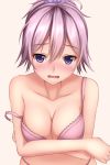 ahoge aoba_(kantai_collection) bad_id bad_pixiv_id bangs blush bra breasts cleavage collarbone crossed_arms embarrassed eyebrows_visible_through_hair hair_between_eyes hair_ornament hair_scrunchie kantai_collection looking_at_viewer medium_breasts off_shoulder open_mouth panties pink_bra pink_hair pink_panties ponytail purple_eyes purple_scrunchie scrunchie short_hair simple_background solo tapisuke underwear underwear_only upper_body white_background 