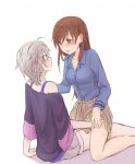  2girls anastasia_(idolmaster) bare_legs blue_shirt blush brown_eyes brown_hair earrings female hand_on_another&#039;s_shoulder hitsuji_nata idolmaster idolmaster_cinderella_girls jewelry multiple_girls nitta_minami open_mouth shirt short_hair shorts simple_background sitting skirt skirt_lift straddling strap_slip sweat tears white_background yuri 