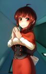  ahoge brown_hair capelet commentary_request corset eyebrows_visible_through_hair highres long_hair looking_at_viewer okazaki_yumemi red_capelet red_eyes signature smile solo steepled_fingers touhou upper_body welt_(kinsei_koutenkyoku) 
