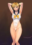  armpits bang-you bdsm bishoujo_senshi_sailor_moon blonde_hair blush bondage bound breasts cameltoe green_eyes highres large_breasts leotard looking_at_viewer nipples pussy_juice sailor_uranus saliva see-through short_hair solo sweat ten'ou_haruka tiara 