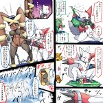  balls bottomless breasts clothed clothing crouching female lopunny male nintendo nipple_bulge pok&eacute;mon pok&eacute;mon_(species) pussy san_ruishin simple_background spread_legs spreading sweat text translation_request video_games white_background zangoose 