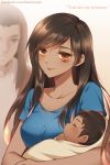  2girls ana_(overwatch) atobesakunolove baby bangs black_hair blue_shirt blurry breasts brown_eyes closed_eyes closed_mouth collarbone commentary cradling dark_skin english_commentary eye_of_horus eyebrows_visible_through_hair facebook_username facial_tattoo family grin hair_between_eyes happy highres husband_and_wife long_hair looking_at_viewer medium_breasts multiple_girls overwatch pharah_(overwatch) sam_(overwatch) shiny shiny_hair shirt short_sleeves smile swept_bangs tattoo tears upper_body vest watermark web_address white_vest younger 