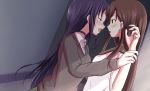  2girls 5tb against_wall alternate_hairstyle blush brown_hair choker crying ebisuzawa_kurumi eye_contact from_side gakkou_gurashi! green_eyes imminent_kiss looking_at_another mole mole_under_eye multiple_girls open_mouth purple_eyes purple_hair school_uniform shirt skirt tears very_long_hair wakasa_yuuri white_shirt yuri 