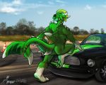  2017 4_fingers anthro barefoot black_sclera car casual_nudity cetacean cloud cone countershade_tail countershade_torso countershading cyan_countershading cyan_skin day detailed_background dolphin dragon fin fish ford ford_mustang grass green_eyes green_skin hi_res hybrid idoodle2draw leaning leaning_forward looking_at_viewer looking_back male mammal marine markings multicolored_skin muscular muscular_male nude outside pose presenting presenting_rear raised_tail rear_view road scalie shark signature smile solo street tasteful_nudity teeth tree vasciel_aplisto vehicle white_skin yellow_skin zombie_222 
