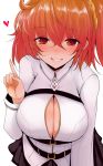  black_skirt blush breasts chaldea_uniform fate/grand_order fate_(series) fujimaru_ritsuka_(female) grin hair_between_eyes han_(jackpot) heart large_breasts long_sleeves looking_at_viewer orange_eyes orange_hair paizuri_invitation side_ponytail skirt smile solo 