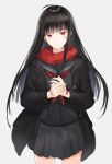  bandaid black_hair commentary highres jacket kachi long_hair looking_at_viewer nail_polish original parted_lips pleated_skirt red_eyes red_nails scarf school_uniform serafuku simple_background skirt solo white_background 