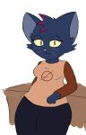  alpha_channel azlech big_thighs black_fur breasts clothed clothing cute dark_fur dyed_fur eyelashes female fur leaning lying mae_(nitw) night_in_the_woods null_symbol pants red_eyes red_fur resting shirt smile solo table thick_thighs tuft whiskers yellow_sclera 