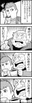  4koma bkub bouleuse_gotho chirico_cuvie comic cup emphasis_lines facial_hair goatee greyscale halftone highres holding holding_cup ip_police_tsuduki_chan monochrome multiple_boys open_mouth pointing short_hair shouting sideburns simple_background slurping soukou_kihei_votoms speech_bubble sweatdrop talking translation_request two-tone_background 
