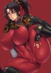  1girl arm_guards armor black_hair bodysuit breasts brown_eyes brown_hair cameltoe clenched_teeth covered_navel curvy erect_nipples fingerless_gloves gloves huge_breasts japanese_armor kote leg_lift long_hair looking_at_viewer mikoyan ninja parted_lips ponytail red_background red_bodysuit shoulder_armor simple_background skin_tight skull solo soul_calibur soulcalibur_vi spread_legs suneate sword sword_behind_back taki_(soulcalibur) teeth thick_thighs thighs toned weapon 
