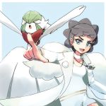  1girl aqua_eyes black_hair breasts byte_(grunty-hag1) carnet_(pokemon) choker coat eyeshadow gardevoir long_coat looking_to_the_side medium_breasts necklace open_mouth outstretched_arm pointing_finger pokemon pokemon_(creature) pokemon_(game) pokemon_xy smile teeth tongue white_coat 