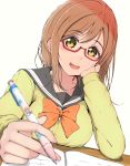  ankoiri bangs blurry_foreground bow bowtie brown_hair character_print chin_rest commentary_request dutch_angle elbows_on_table eyebrows_visible_through_hair foreshortening glasses highres holding holding_pencil homework hoshizora_rin kunikida_hanamaru long_hair long_sleeves looking_at_viewer love_live! love_live!_school_idol_project love_live!_sunshine!! mechanical_pencil open_mouth orange_neckwear pencil red-framed_eyewear school_uniform semi-rimless_eyewear serafuku simple_background smile solo table under-rim_eyewear uranohoshi_school_uniform white_background 