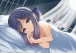  bed bed_sheet commentary hair_ornament hairclip highres jewelry kantai_collection lying nude on_bed pillow purple_eyes purple_hair ring smile soba_(sobaya1938) solo tsushima_(kantai_collection) wedding_band window 