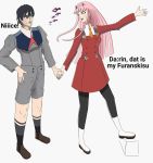  1boy 1girl black_hair black_legwear blue_eyes boots breasts brown_footwear couple darling_in_the_franxx female fringe green_eyes hair_ornament hairband hand_holding hetero hiro_(darling_in_the_franxx) horns long_hair long_sleeves looking_at_another looking_back male mgk2839 military military_uniform necktie oni_horns orange_neckwear pantyhose pink_hair red_horns red_neckwear shoes short_hair socks uniform white_footwear white_hair_ornament white_hairband zero_two_(darling_in_the_franxx) 