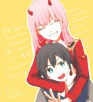  1boy 1girl black_hair blue_eyes couple darling_in_the_franxx eyes_closed female fringe hetero hiro_(darling_in_the_franxx) horns hug hugged_from_behind long_hair male military military_uniform necktie oni_horns pink_hair red_horns red_neckwear short_hair sweatdrop uniform xxxxary zero_two_(darling_in_the_franxx) 