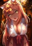  absurdres animal_ear_fluff animal_ears blush breasts cleavage covered_nipples dappled_sunlight fangs fate/extra fate/extra_ccc fate/extra_ccc_fox_tail fate_(series) forest fox_ears groin highres japanese_clothes large_breasts leaf leaning_forward long_hair looking_at_viewer maple_leaf nature no_bra no_panties open_mouth orange_hair outdoors pleasure_mussel see-through solo sunlight sunset suzuka_gozen_(fate) very_long_hair yellow_eyes 