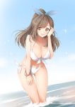  bikini blue_bow bow bracelet breasts brown_eyes brown_hair cleavage commentary_request cowboy_shot day front-tie_top hair_bow hand_on_own_knee hanging_breasts idolmaster idolmaster_shiny_colors jewelry large_breasts leaning_forward looking_at_viewer lowleg lowleg_bikini macchiato_(jae-min_cho) navel ocean open_mouth outdoors side-tie_bikini skindentation solo standing strap_gap swimsuit thigh_gap tsukioka_kogane wading water wet white_bikini 