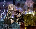  black_gloves black_legwear blurry blurry_background boots breasts cube elbow_gloves full_body gloves hairband long_hair looking_at_viewer looking_back medium_breasts night original photo_background ponytail robot robot_animal sitting skyline smile solo totoki10 