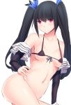  bare_shoulders black_bra black_hair blush bottomless bra breasts collarbone commentary_request cowboy_shot daiaru detached_sleeves hair_ribbon long_hair looking_at_viewer medium_breasts micro_bra navel neptune_(series) noire red_eyes ribbon simple_background smile solo twintails underwear white_background 
