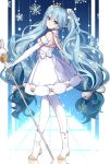  &gt;:) absurdres bangs bare_shoulders blue_eyes blue_hair boots borrowed_design bow chuor_(chuochuoi) closed_mouth commentary_request crown detached_sleeves dress elbow_gloves eyebrows_visible_through_hair from_side full_body gloves hair_between_eyes hair_bow hatsune_miku head_tilt headset high_heel_boots high_heels highres holding holding_staff long_hair looking_at_viewer looking_to_the_side low-tied_long_hair mini_crown pantyhose puffy_short_sleeves puffy_sleeves reflection sash scepter short_sleeves sleeveless sleeveless_dress smile snowflakes solo staff standing striped striped_bow twintails v-shaped_eyebrows very_long_hair vocaloid white_background white_bow white_dress white_gloves white_legwear yuki_miku 