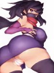  ass ayame_(gundam_build_divers) bare_shoulders black_hair black_legwear breasts covered_nipples curvy elbow_gloves face_mask fumio_(rsqkr) gloves gundam gundam_build_divers huge_ass large_breasts long_hair looking_back looking_down mask ninja panties purple_eyes purple_gloves red_scarf scarf see-through solo thick_thighs thighhighs thighs underwear white_panties wide_hips 